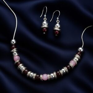 Garnet & Rose Quartz Beaded Necklace and Earrings Set – Elegant Women’s Jewelry